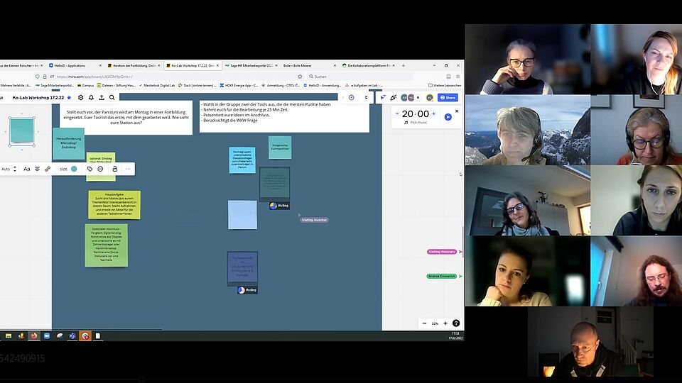 Screenshot aus einem Zoom-Meeting, in dem Erwachsene mit dem Kollaborations-Tool MIRO digital zusammen 