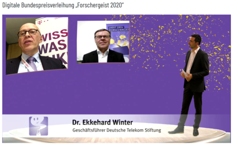 Dr. Ekkehard Winter und Michael Fritz sind zur digitalen Bundespreisverleihung des "Forschergeist"-Wettbewerbs zugeschaltet.