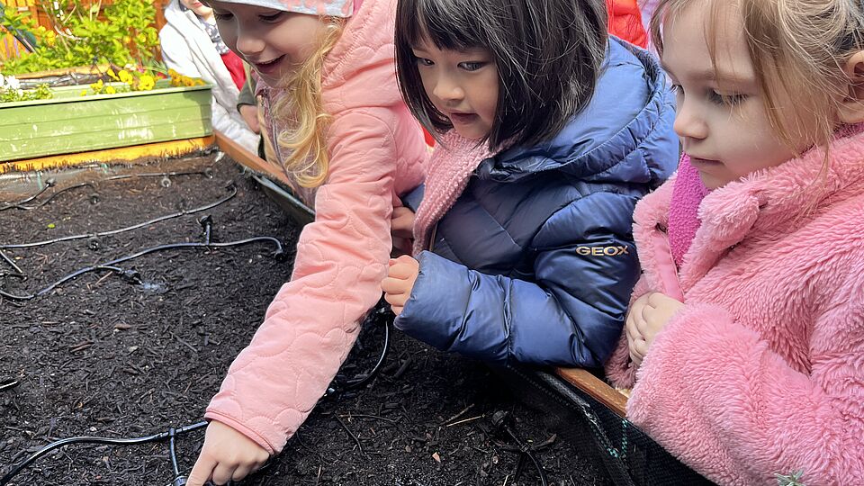 Die Kinder der Kita Goldfischchen in Berlin bewässern ihr Hochbeet im Kita-Garten mithilfe eines Gießroboters.