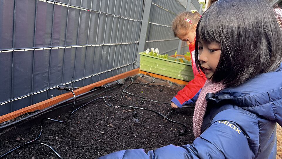 Die Kinder der Kita Goldfischchen in Berlin bewässern ihr Hochbeet im Kita-Garten mithilfe eines Gießroboters.